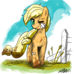 Size: 900x900 | Tagged: safe, artist:johnjoseco, character:applejack, species:earth pony, species:pony, bandage, bandaid, dirty, female, fence, mare, mud, one eye closed, smiling, solo