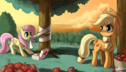 Size: 1500x857 | Tagged: safe, artist:johnjoseco, character:applejack, character:fluttershy, species:earth pony, species:pegasus, species:pony, apple, bandage, caring, clothing, female, freckles, grass, hat, innocent, mare, medic, sweat, sweet apple acres, tree