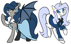 Size: 1038x649 | Tagged: safe, artist:egophiliac, oc, oc only, oc:platinum decree, oc:vibrant vision, species:bat pony, species:pony, species:unicorn, clothing, competition, dress, duo, earring, elegant, fabulous, fancy, female, fluffy, grin, looking at each other, mare, piercing, pose, ribbon, rivalry, simple background, socks, suit, sweat, sweatdrop, thigh highs, transparent background