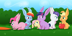 Size: 1500x750 | Tagged: safe, artist:empyu, character:applejack, character:fluttershy, character:pinkie pie, character:rainbow dash, character:rarity, character:twilight sparkle, species:rabbit, :i, apple, bunnified, bunny pie, bunny sparkle, bunnyjack, bunnyshy, carrot, cute, eyes on the prize, fluffy, food, grin, herbivore, mane six, my little bunny, my little x, open mouth, rabbit dash, rabbity, sitting, smiling, species swap