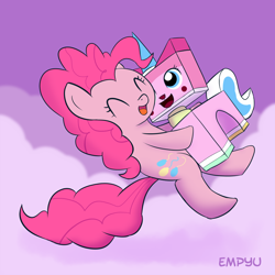Size: 1000x1000 | Tagged: safe, artist:empyu, character:pinkie pie, crossover, cute, diapinkes, duo, hug, lego, the lego movie, unikitty, weapons-grade cute