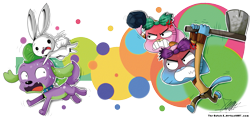 Size: 1401x659 | Tagged: safe, artist:the-butch-x, character:angel bunny, character:spike, species:dog, species:rabbit, my little pony:equestria girls, anais watterson, angry, axe, cat, chase, crossover, gumball watterson, rock, scared, spike the dog, the amazing world of gumball