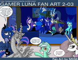 Size: 1000x774 | Tagged: safe, artist:johnjoseco, character:derpy hooves, character:discord, character:princess cadance, character:princess celestia, character:princess luna, character:twilight sparkle, species:alicorn, species:pony, ask princess molestia, gamer luna, invader zim
