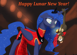 Size: 1280x905 | Tagged: safe, artist:silfoe, character:princess luna, royal sketchbook, cheongsam, chinese new year, clothing, dress, female, firecracker, fireworks, floppy ears, monkey, red dress, solo, wide eyes, year of the monkey
