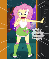 Size: 2821x3375 | Tagged: safe, artist:sumin6301, character:fluttershy, episode:the best night ever, g4, my little pony: friendship is magic, my little pony:equestria girls, boots, clothing, dialogue, equestria girls interpretation, equestria girls-ified, female, flutterrage, miniskirt, scene interpretation, screaming, shoes, skirt, socks, solo, tank top, you're going to love me
