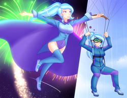 Size: 2500x1932 | Tagged: safe, artist:jonfawkes, character:trixie, species:human, air ponyville, cape, clothing, commission, duality, falling, fireworks, goggles, humanized, imagination, jumpsuit, leotard, magician outfit, parachute, skydiving