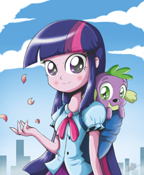 Size: 1784x2163 | Tagged: safe, artist:the-butch-x, character:spike, character:twilight sparkle, character:twilight sparkle (alicorn), species:alicorn, species:dog, my little pony:equestria girls, backpack, clothing, skirt, spike the dog