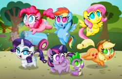Size: 1280x828 | Tagged: safe, artist:aleximusprime, character:applejack, character:fluttershy, character:pinkie pie, character:rainbow dash, character:rarity, character:spike, character:twilight sparkle, character:twilight sparkle (alicorn), species:alicorn, species:dragon, species:earth pony, species:pegasus, species:pony, species:unicorn, bahy dragon, chibi, confetti, cute, cutie mark, dashabetes, diapinkes, female, jackabetes, male, mane seven, mane six, mare, no pupils, party cannon, plot, raribetes, shyabetes, signature, spikabetes, twiabetes