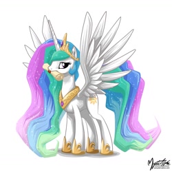 Size: 1032x1032 | Tagged: safe, artist:mysticalpha, character:princess celestia, female, mouth hold, scroll, solo, spread wings, wings