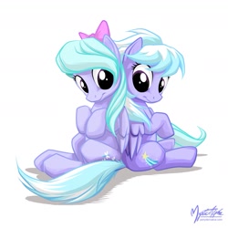 Size: 1029x1029 | Tagged: safe, artist:mysticalpha, character:cloudchaser, character:flitter, species:pegasus, species:pony, back to back, bow, cute, cutechaser, dock, female, flitterbetes, hair bow, mare, sitting, smiling