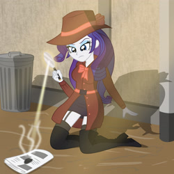 Size: 4056x4048 | Tagged: safe, artist:sumin6301, character:rarity, my little pony:equestria girls, absurd resolution, boots, clothing, detective, detective rarity, female, garters, kneeling, magnifying glass, newspaper, smoke, solo, stockings, thigh boots