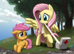 Size: 1200x889 | Tagged: safe, artist:johnjoseco, character:fluttershy, character:rainbow dash, character:scootaloo, species:pegasus, species:pony, bandage, crying, first aid kit, implied scootabuse