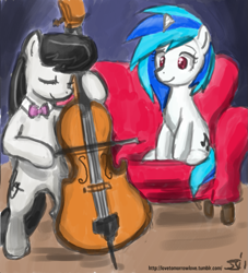 Size: 909x1000 | Tagged: safe, artist:johnjoseco, artist:michos, character:dj pon-3, character:octavia melody, character:vinyl scratch, species:earth pony, species:pony, species:unicorn, cello, chair, duo, female, mare, musical instrument, sitting