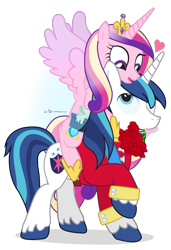 Size: 650x950 | Tagged: safe, artist:dm29, character:princess cadance, character:shining armor, ship:shiningcadance, episode:hearts and hooves day, g4, my little pony: friendship is magic, bouquet, female, heart, husband and wife, male, ponies riding ponies, riding, rose, shipping, simple background, straight, transparent background, valentine's day