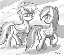 Size: 900x771 | Tagged: safe, artist:johnjoseco, character:rainbow dash, character:spitfire, ship:spitdash, beach, female, grayscale, lesbian, monochrome, plot, shipping