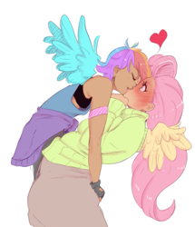 Size: 647x751 | Tagged: safe, artist:sundown, character:fluttershy, character:rainbow dash, species:human, ship:flutterdash, blushing, butt grab, clothing, female, flower, grope, hand on butt, heart, hug, humanized, kissing, lesbian, shipping, sweater, sweatershy, winged humanization