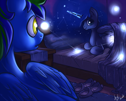 Size: 1250x1000 | Tagged: safe, artist:atryl, character:princess luna, oc, species:pegasus, species:pony, :o, bed, bedroom, canon x oc, clothing, dark, female, magic, male, missing accessory, open mouth, prone, shipping, slippers, smiling, spread wings, straight, wide eyes, wings