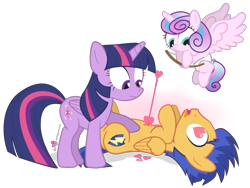 Size: 963x725 | Tagged: safe, artist:dm29, character:flash sentry, character:princess flurry heart, character:twilight sparkle, spoiler:s06, arrow, bow (weapon), bow and arrow, cupid, cute, dead, diaper, flurrybetes, flying, frown, heart, heart eyes, open mouth, simple background, spread wings, tongue out, transparent background, trio, valentine's day, wingding eyes, wings