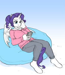 Size: 1939x2216 | Tagged: safe, artist:glacierclear, character:rarity, species:alicorn, species:anthro, species:pony, species:unguligrade anthro, alicornified, alternate hairstyle, beanbag chair, clothing, commission, cute, female, headphones, music player, race swap, raribetes, raricorn, smiling, solo, sweater