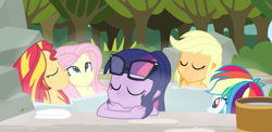 Size: 1125x550 | Tagged: safe, artist:dm29, character:applejack, character:fluttershy, character:rainbow dash, character:sunset shimmer, character:twilight sparkle, character:twilight sparkle (scitwi), species:eqg human, my little pony:equestria girls, glasses off, hot springs, relaxing, skinny dipping