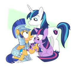 Size: 870x800 | Tagged: safe, artist:dm29, character:flash sentry, character:shining armor, character:twilight sparkle, character:twilight sparkle (alicorn), species:alicorn, species:pony, ship:flashlight, armor, blushing, commission, crystal guard, crystal guard armor, doll, female, julian yeo is trying to murder us, male, mare, ponies playing with ponies, shipping, simple background, straight, toy, transparent background, trio