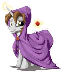 Size: 1015x1166 | Tagged: safe, artist:mysticalpha, oc, oc only, oc:thrum beat, species:pony, species:unicorn, d20, dungeon master, dungeons and dragons, hooded, magic, mantle, natural 20, simple background, transparent background