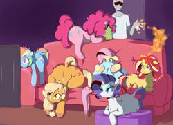 Size: 1815x1311 | Tagged: safe, artist:sundown, character:applejack, character:fluttershy, character:pinkie pie, character:rainbow dash, character:rarity, character:sunset shimmer, oc, oc:anon, species:human, species:pony, anon's couch, applebucking thighs, bag, bedroom eyes, bottle, chips, cigarette, colored, couch, dock, eating, eyes on the prize, eyeshadow, food, frown, levitation, magic, makeup, plot, prone, rearity, scared, sitting, smiling, sweat, telekinesis, television, the ass was fat, unshorn fetlocks, varying degrees of want, watching, wide eyes, wide hips