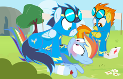 Size: 1110x720 | Tagged: safe, artist:dm29, character:rainbow dash, character:soarin', character:spitfire, species:pony, ship:soarindash, awkward, blushing, cpr, cute, female, first aid kit, goggles, male, shipping, straight, trio, water bottle, wonderbolts uniform