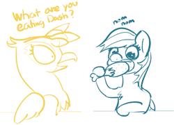 Size: 1155x830 | Tagged: safe, artist:pabbley, character:gilda, character:rainbow dash, species:griffon, monochrome, ponies eating meat, sketch