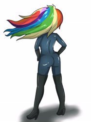 Size: 2598x3472 | Tagged: safe, artist:sumin6301, character:rainbow dash, species:human, ass, boots, butt, catsuit, face not visible, facing away, female, hand on hip, high heels, humanized, latex, latex suit, rainbutt dash, rear view, solo
