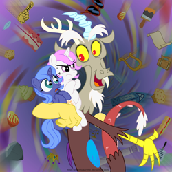 Size: 1024x1022 | Tagged: safe, artist:aleximusprime, character:discord, character:princess celestia, character:princess luna, species:pony, age of the alicorns, celestia is not amused, cewestia, chaos, discord being discord, filly, pink-mane celestia, s1 luna, woona, young, young celestia, young luna, younger