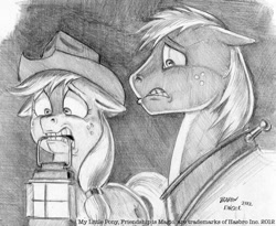 Size: 969x794 | Tagged: safe, artist:baron engel, character:applejack, character:big mcintosh, species:earth pony, species:pony, blood on the floor, grayscale, horror, lantern, male, monochrome, pencil drawing, stallion, traditional art