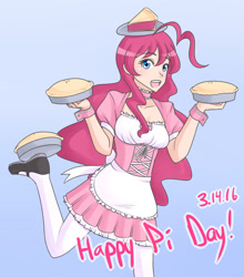 Size: 1280x1456 | Tagged: safe, artist:jonfawkes, character:pinkie pie, species:human, female, food, humanized, open mouth, pi, pi day, pie, solo
