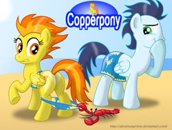 Size: 1024x774 | Tagged: safe, artist:aleximusprime, character:soarin', character:spitfire, species:pegasus, species:pony, assisted exposure, bikini, clothing, coppertone parody, female, lobster, looking back, male, mare, plot, stallion, swimsuit, undressing