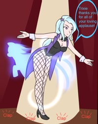 Size: 705x887 | Tagged: safe, artist:jonfawkes, artist:jrain9110, part of a set, character:trixie, species:human, bow tie, clapping, clothing, coat, dialogue, female, fishnets, high heels, human to pony, humanized, imminent transformation, leotard, magic, magician, magician outfit, part of a series, solo, speech bubble, stage, stockings, transformation sequence