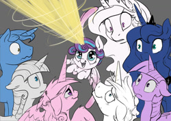 Size: 1280x905 | Tagged: safe, artist:silfoe, character:night light, character:princess cadance, character:princess celestia, character:princess flurry heart, character:princess luna, character:shining armor, character:twilight sparkle, character:twilight sparkle (alicorn), character:twilight velvet, species:alicorn, species:pony, royal sketchbook, episode:the crystalling, g4, my little pony: friendship is magic, :<, alicorn pentarchy, alternate ending, blast, cracked armor, faec, female, floppy ears, frown, magic, magic blast, mare, messy mane, open mouth, smiling, sparkle family, tired, wavy mouth, wide eyes