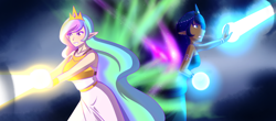 Size: 1280x564 | Tagged: safe, artist:jonfawkes, character:princess celestia, character:princess luna, species:human, episode:the crystalling, g4, my little pony: friendship is magic, blast, clothing, duo, ethereal wings, female, humanized, laser beams, magic, magic beam, magic blast, royal sisters, scene interpretation, siblings, sisters, unicorns as elves