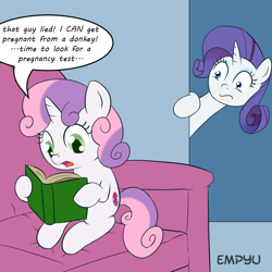 Size: 1000x1000 | Tagged: safe, artist:empyu, edit, character:rarity, character:sweetie belle, species:pony, species:unicorn, book, cutie mark, dialogue, female, filly, implied impregnation, implied interspecies, implied sex, mare, meme, reading, speech bubble, sweetie belle's book, the cmc's cutie marks