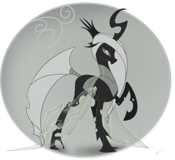Size: 900x820 | Tagged: safe, artist:egophiliac, oc, oc only, oc:exuvia, species:changeling, moonstuck, changeling queen, changeling queen oc, female, grayscale, monochrome, solo, white changeling
