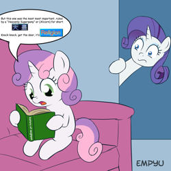 Size: 1000x1000 | Tagged: safe, artist:empyu, edit, character:rarity, character:sweetie belle, species:pony, species:unicorn, 30 minute art challenge, bill wurtz, book, couch, exploitable meme, frown, history of japan, hoof hold, japan, meme, neighpon, reading, sitting, sweetie belle's book, wide eyes