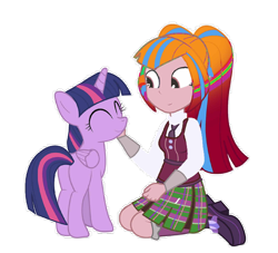 Size: 800x727 | Tagged: safe, artist:dm29, character:twilight sparkle, character:twilight sparkle (alicorn), oc, oc:marmalade starrynights, species:alicorn, my little pony:equestria girls, april fools, april fools 2016, april fools joke, donut steel, duo, needs more jpeg, petting, simple background, stylistic suck, transparent background