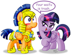 Size: 1000x792 | Tagged: safe, artist:aleximusprime, edit, character:flash sentry, character:twilight sparkle, character:twilight sparkle (alicorn), species:alicorn, species:pony, ship:flashlight, bedroom eyes, caption, couple, exploitable meme, female, fill in the blank, flirty, male, mare, meme, shipping, straight, your waifu is trash