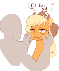 Size: 892x1090 | Tagged: safe, artist:sundown, character:applejack, species:earth pony, species:human, species:pony, cheek pinch, clothing, dialogue, female, freckles, hat, mare, open mouth, simple background, speech bubble, squishy cheeks, sweat, white background