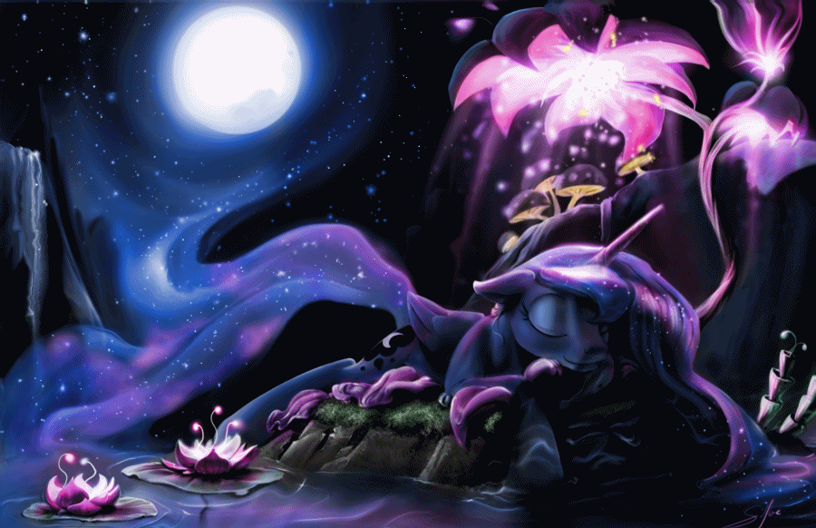 Size: 900x582 | Tagged: safe, artist:silfoe, artist:theshadowscale, character:princess luna, species:alicorn, species:pony, episode:do princesses dream of magic sheep?, g4, absurd file size, absurd gif size, animated, cinemagraph, dream, eyes closed, female, floppy ears, lotus (flower), luna's dream, mare, moon, night, prone, scene interpretation, sleeping, smiling, solo, stars, surreal, water