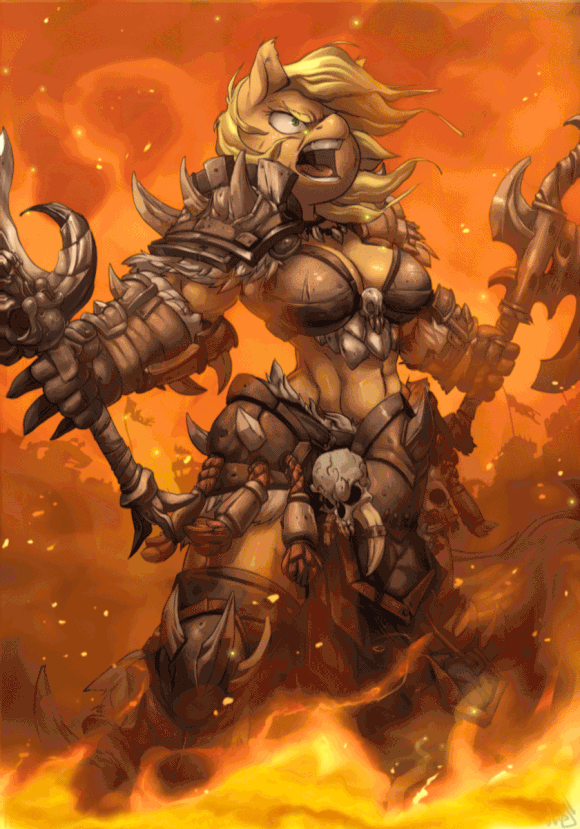 Size: 580x829 | Tagged: safe, artist:atryl, artist:theshadowscale, character:applejack, species:anthro, animated, armor, axe, barbarian, breasts, cleavage, crossover, diablo, diablo 3, female, fire, midriff, muscles, solo, sword, unconvincing armor, weapon
