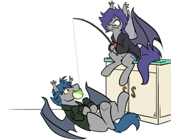 Size: 972x798 | Tagged: safe, artist:egophiliac, oc, oc only, oc:dusk rhine, oc:racket rhine, species:bat pony, species:pony, bait, behaving like a fish, biting, brothers, clothing, confused, counter, cute, duo, ear tufts, fishing, fishing rod, frown, fruit, glasses, hoodie, jacket, juice, lime, male, messy mane, nom, ocbetes, on back, sitting, smiling, spread wings, stallion, underhoof, wide eyes, wings