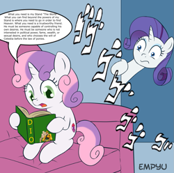 Size: 859x853 | Tagged: safe, artist:empyu, edit, character:rarity, character:sweetie belle, species:pony, species:unicorn, book, cutie mark, dialogue, dio brando, exploitable meme, female, filly, jojo's bizarre adventure, mare, meme, menacing, onomatopoeia, reading, speech bubble, stone ocean, sweetie belle's book, the cmc's cutie marks, the world, wide eyes, ゴ ゴ ゴ