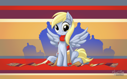 Size: 2560x1600 | Tagged: safe, artist:mysticalpha, character:derpy hooves, species:pegasus, species:pony, clothing, doctor who, female, fourth doctor's scarf, mare, scarf, sitting, smiling, solo, spread wings, tom baker's scarf, wallpaper, wings