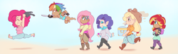 Size: 2793x865 | Tagged: safe, artist:sundown, character:applejack, character:fluttershy, character:pinkie pie, character:rainbow dash, character:rarity, character:sunset shimmer, species:human, angry, assisted exposure, chase, chibi, chubby, cigarette, clothing, flying, horned humanization, humanized, jacqueline applebuck, juliette d'rarie, panties, pants, pantsing, smiling, smoking, tank top, underwear, white underwear, winged humanization