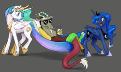 Size: 1280x760 | Tagged: safe, artist:silfoe, character:discord, character:princess celestia, character:princess luna, species:alicorn, species:draconequus, species:pony, royal sketchbook, angry, bendy straw, discord being discord, drinking straw, female, glasses, hammock, hilarious, humor, juice, lemonade, luna is not amused, male, mare, open mouth, stuck together, sunglasses, this will end in pain, this will end in petrification, varying degrees of amusement
